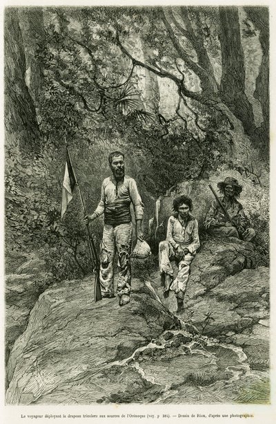 ओरेनोक के स्रोतों पर तिरंगा झंडा लगाते हुए यात्री। 1886-1887 में वॉयेज ऑक्स सोर्स डे ल'ओरेनोक की कहानी को चित्रित करने के लिए रिओ द्वारा उत्कीर्णन, जीन शैफनजोन द्वारा, सार्वजनिक शिक्षा के मिसनिस्टर द्वारा असाइनमेंट, टूर डू मोंडे 1 में द्वारा एडौर्ड रिउ