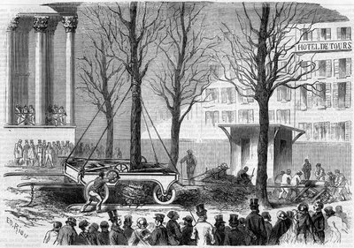 1858 की सर्दियों के दौरान पेरिस में प्लेस डे ला बोर्स पर पेड़ों का प्रत्यारोपण। 27 फरवरी 1858 के "ले मोंडे इलस्ट्रे" एन °46 में रियो द्वारा उत्कीर्णन। द्वारा एडौर्ड रिउ