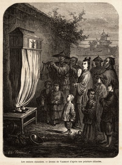 चीन के फ्रांसीसी मंत्री एम. डी बोरबौलन की 1859 से 1862 तक शंघाई से मास्को तक की यात्रा को चित्रित करने के लिए, वाउमॉर्ट (? -1886) द्वारा चित्रित, पेकिन द्वारा चलने पर चीनी छाया का एक मोबाइल थियेटर। एडौरा द्वारा संपादित "" ले टूर डू मोंडे "&q द्वारा एडोर्ड वॉमोर्ट