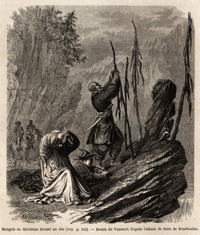 एक ओबो की भक्ति में मंगोल, बक्का और मंगोलिया पहाड़ों के पास, वाउमॉर्ट (? -1886) द्वारा चित्रित, 1859 से 1862 तक शंघाई से मास्को तक की यात्रा को चित्रित करने के लिए, एम। डी बोरबौलोन, चीन के फ्रांसीसी मंत्री। "" ले टूर डू मोंडे "" में उत् द्वारा एडोर्ड वॉमोर्ट