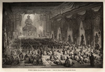 एक चीनी लामासेरी में धार्मिक समारोह, वाउमॉर्ट (? -1886) द्वारा चित्रित, 1859 से 1862 तक शंघाई से मास्को तक की यात्रा को चित्रित करने के लिए, एम। डी बोरबौलन, चीन के फ्रांसीसी मंत्री। एडौर्ड चार्टन द्वारा संपादित "" ले टूर डू मोंडे "" में द्वारा एडोर्ड वॉमोर्ट