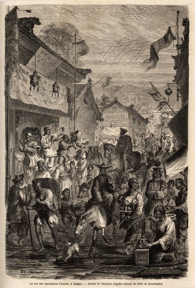 कपड़ों के डीलरों की सड़क, कलगन, मंगोलिया। 1859 से 1862 तक शंघाई से मास्को तक की यात्रा का वर्णन करने के लिए वाउमॉर्ट (? -1886) द्वारा ड्राइंग, एम। डी बोरबौलोन, चीन के फ्रांसीसी मंत्री। "" ले टूर डू मोंडे "" में उत्कीर्णन, एडौर्ड चार्ट द द्वारा एडोर्ड वॉमोर्ट