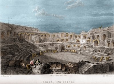 Nimes, Gard, Langedoc-Roussillon (Langedoc Roussillon), फ्रांस के एरेनास। जीन-बर्नार्ड मैरी-लाफ़ोन (जीन बर्नार्ड मैरी लाफ़ोन) द्वारा "प्राचीन और आधुनिक फ्रांस" में विलमैन द्वारा उत्कीर्णन द्वारा एडोर्ड विलमैन