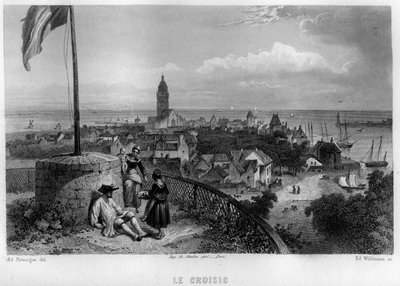 क्रोसिक (ले क्रोसिक), लॉयर-अटलांटिक (लॉयर अटलांटिक), पेज़ डे ला लॉयर, फ्रांस शहर का दृश्य। जीन-बर्नार्ड मैरी-लाफ़ोन (जीन बर्नार्ड मैरी लाफ़ोन) द्वारा "प्राचीन और आधुनिक फ्रांस" में विलमैन द्वारा उत्कीर्णन द्वारा एडोर्ड विलमैन