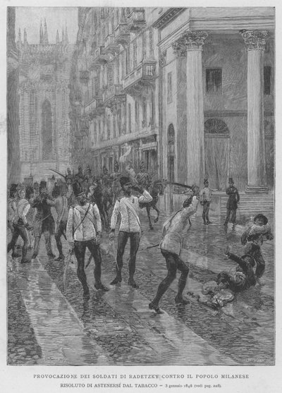 3 जनवरी, 1848 को तंबाकू से परहेज करने का संकल्प मिलानी लोगों के खिलाफ रेडेट्स्की के सैनिकों का उकसाना (उत्कीर्णन) द्वारा एडुआर्डो मटानिया