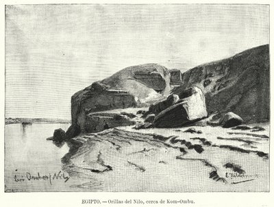 कोम ओम्बो, मिस्र (लिथो) के पास नील नदी के किनारे द्वारा एडुआर्ड (बाद) हिल्डेब्रांड