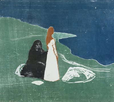 एक समुद्र तट पर दो महिलाएं, 1898 (कलर वुडकट) द्वारा एडवर्ड चबाना