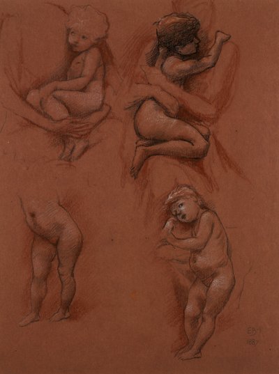 अपनी माँ की बाहों में बच्चों का अध्ययन, 1887 (लाल कागज पर सफेद, लाल und सफेद चाक) द्वारा एडवर्ड बर्न जोन्स