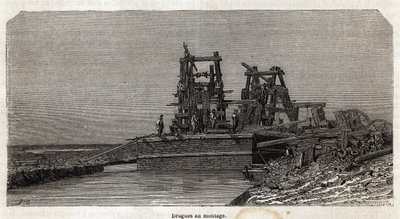 स्वेज नहर पर ड्रेजेज, ग्रेनेट द्वारा चित्रित, 1862 में पॉल मेररू द्वारा स्वेज नहर के लिए एक भ्रमण का वर्णन करने के लिए। एडौर्ड चार्टन द्वारा संपादित "" ले टूर डू मोंडे "" में उत्कीर्णन द्वारा एडवर्ड ग्रेनेट