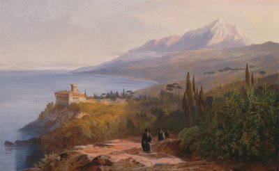 माउंट एथोस और स्टावरोनिकेटेस का मठ, 1857। द्वारा एडवर्ड लीयर