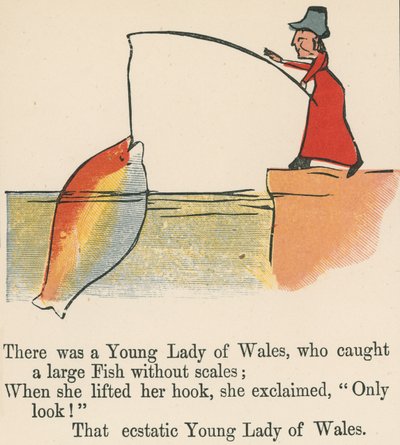 वेल्स की एक यंग लेडी थी, जिसने फ्रेडरिक वार्न एंड कंपनी, लंदन, c.1875 द्वारा प्रकाशित &39;ए बुक ऑफ नॉनसेंस&39; से बिना तराजू के एक बड़ी मछली पकड़ी थी। द्वारा एडवर्ड लीयर