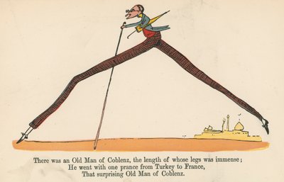 फ्रेडरिक वार्न एंड कंपनी, लंदन, c.1875 द्वारा प्रकाशित &39;ए बुक ऑफ नॉनसेंस&39; से कोबेनज़ का एक पुराना आदमी था, जिसकी टांगें अपार थीं द्वारा एडवर्ड लीयर