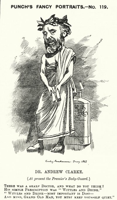 पंच कार्टून: सर एंड्रयू क्लार्क, ब्रिटिश चिकित्सक, विलियम इवार्ट ग्लैडस्टोन के चिकित्सक द्वारा एडवर्ड लिनली (बाद में) सैम्बोर्न
