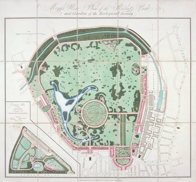 जूलॉजिकल गार्डन की योजना, रीजेंट पार्क, सेंट मैरीलेबोन, लंदन, 1828 द्वारा एडवर्ड मोग