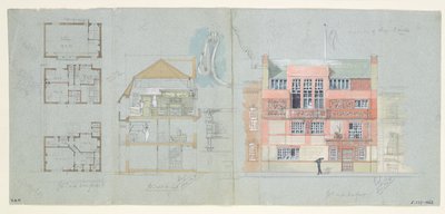 फ्रेंक माइल्स (1852-91), टाइट स्ट्रीट, चेल्सी, 1878-79 (कागज पर अन्डर पेंसिल) के लिए फ्रंट एलिवेशन और सेक्शन के लिए सेक्शन (देखें 176481-482, 176484-485 द्वारा एडवर्ड विलियम गॉडविन