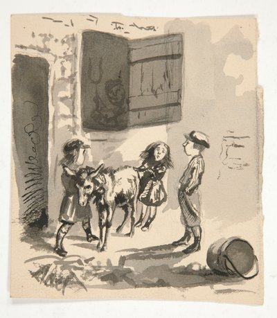 गधे के साथ बच्चे (रेक्टो); ऑर्गन ग्राइंडर का अज्ञात चित्रण (पीछे की ओर) द्वारा एडविन ऑस्टिन अभय