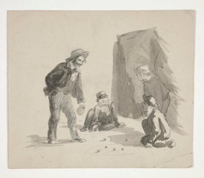 चार लड़के कंचे खेलते हुए (रेक्टो); आंतरिक भाग में चित्रफलक पर बैठे लड़के का अज्ञात चित्रण (पीछे की ओर) द्वारा एडविन ऑस्टिन अभय
