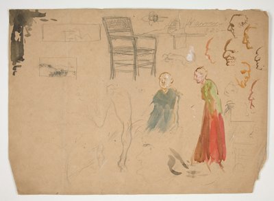 सिर और आकृति का अध्ययन, तथा कुर्सी का अध्ययन (रेक्टो); पुस्तक चित्रण के लिए रेखाचित्र (पीछे की ओर) द्वारा एडविन ऑस्टिन अभय