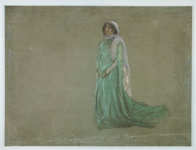 अध्ययन कक्ष, लम्बी हरी पोशाक, गुलाबी दुपट्टा पहने महिला द्वारा एडविन ऑस्टिन अभय