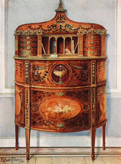 Inlaid और चित्रित Satinwood लेखन-डेस्क कैबिनेट, Ormolu घुड़सवार द्वारा एडविन जॉन फोले