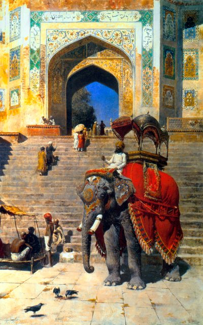 गेटवे पर शाही हाथी, 19 वीं सदी की शुरुआत में मथुरा की जामी मस्जिद में। द्वारा Edwin Lord Weeks