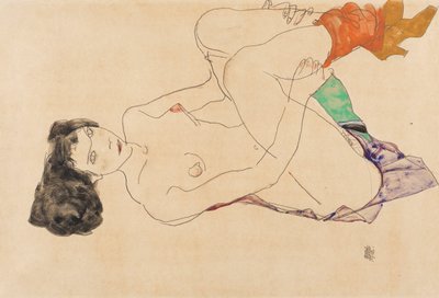 पैर के साथ महिला नग्न झूठ बोलना, 1913 खींच लिया। द्वारा Egon Schiele