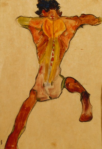 पीछे से देखा गया नर नग्न; मैनलिचर रूकेनाट, 1910 द्वारा Egon Schiele