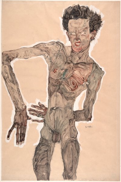 न्यूड सेल्फ-पोर्ट्रेट, ग्रिमेसिंग, 1910 द्वारा Egon Schiele