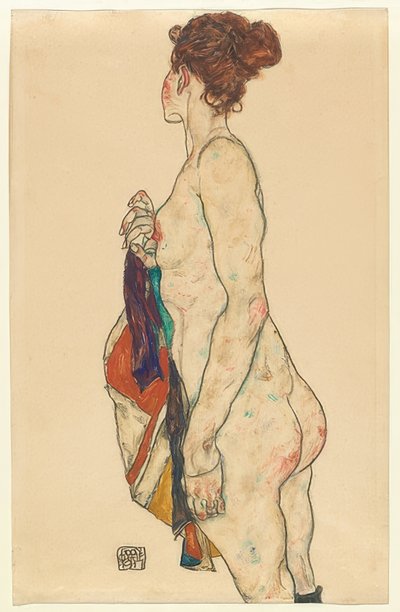 पैटर्न वाले बागे के साथ नग्न खड़े। 1917 द्वारा Egon Schiele