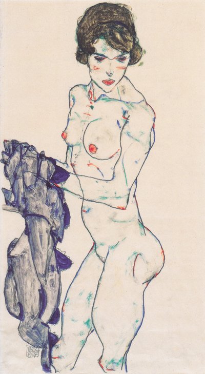 नीले कपड़े के साथ खड़ी महिला नग्न द्वारा Egon Schiele