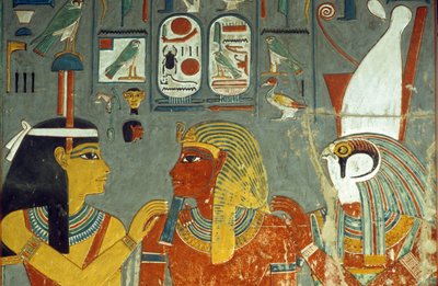 होरेस, होरहेब और हैथोर, होरहेब के मकबरे से (c.1323-1295 ईसा पूर्व) न्यू किंगडम (दीवार पेंटिंग) द्वारा मिस्र का 18वां राजवंश Dy