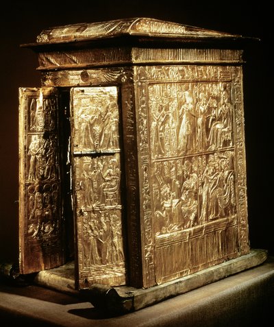 तूतनखामुन का स्वर्ण तीर्थ (c.1370-52 ई.पू.) न्यू किंगडम (चादर सोने से ढके हुए गेसू के साथ लकड़ी का आवरण) द्वारा Egyptian 18th Dynasty