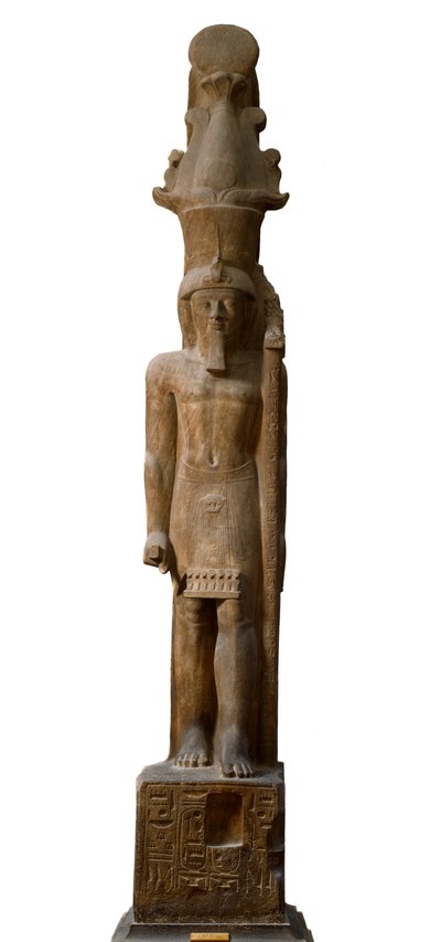 मिस्र की प्राचीन वस्तु: गुलाबी ग्रेस में 19वें राजवंश के फिरौन सेठी II (सेटी या सेटी) (1200-1194 ईसा पूर्व) की मूर्ति, इसमें भगवान अमोन, डिम के प्रतीक के साथ एक राजदंड है। 465 सेमी. ट्यूरिन का मिस्र का संग्रहालय। द्वारा मिस्र का 19 वां राजवंश