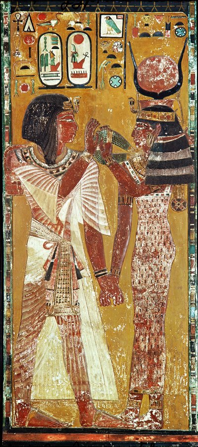 सेठी I (c.1394-1279 ई.पू.) न्यू किंगडम (चित्रित चूना पत्थर) पर देवी हठोर का चित्रण करते हुए देवी का चित्रण द्वारा Egyptian 19th Dynasty