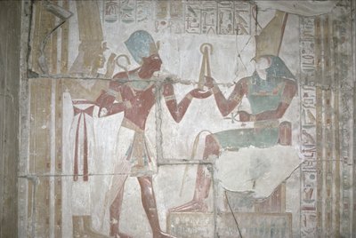 आइसिस की राहत, सेथोस I (1303-1290 ईसा पूर्व) को होरस, न्यू किंगडम (दीवार पेंटिंग) पेश करना द्वारा Egyptian 19th Dynasty