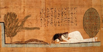 मृत पपीरस मगरमच्छ (पपाइरस) के सामने मृतक का चित्रण द्वारा Egyptian 21st Dynasty