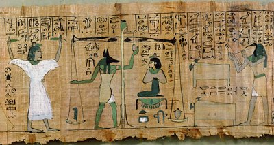 मृतकों के निर्णय का चित्रण करने वाले जिदेखोनसोफांख के फनीरी पेपिरस द्वारा Egyptian 21st Dynasty