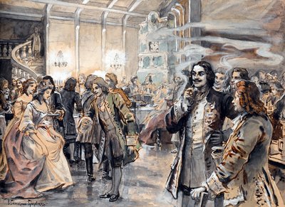 पीटर द ग्रेट के दरबार में ईस्टर समारोह (पियरे ले ग्रैंड) - Peinture de Elena Petrovna Samokish Sudkovskaya (Samokish-Sudkovskaya)(1863-1924) - जलरंग, कार्डबोर्ड पर गौचे, 25,38x35 - निजी संग्रह द्वारा ऐलेना पेत्रोव्ना समोकिश सुदकोवस्काया