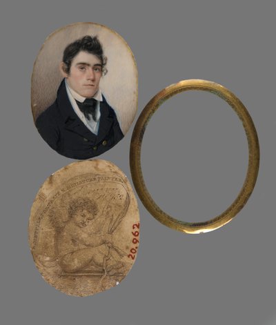 जॉन हैस्लेट एमडी का पोर्ट्रेट, c.1822 (हाथीदांत चित्र पर wc, मुद्रित व्यवसाय कार्ड (बैकिंग पेपर) और पीतल लाइनर और लेंस) द्वारा Eliab Metcalf