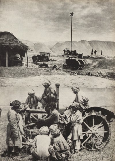 पहला ट्रैक्टर। यूएसएसआर से चित्रण समाजवाद का निर्माण, 1933। द्वारा एलीएजर मार्कोविच लिस्ज़ित्स्की