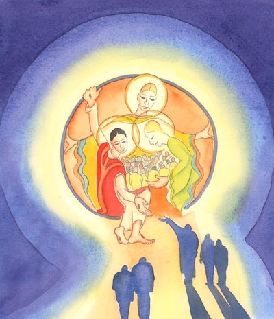 मसीह पवित्र त्रिमूर्ति के दिल में विपरीत और इच्छुक आत्मा का स्वागत करता है। "जो लोग उसे छिपाते हैं, उनकी निंदा नहीं की जाएगी" (Ps 33), 2001 (w - c on paper) द्वारा एलिजाबेथ वांगो