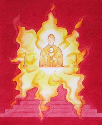यूचरिस्ट में यीशु की उपस्थिति महिमा की एक आग की तरह है, 2001 (कागज पर w - c) द्वारा एलिजाबेथ वांगो