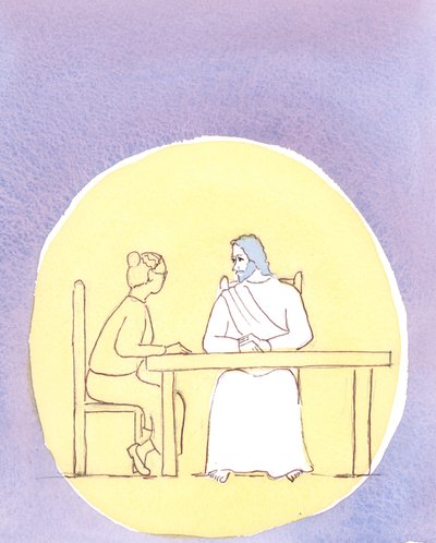 पवित्र साम्य के माध्यम से हम मसीह के साथ उपस्थित होते हैं; और हम उससे उतनी ही सहजता से बात कर सकते हैं, जितना कि हम रसोई की मेज, 2004 (कागज पर w - c) पर बैठते हैं। द्वारा एलिजाबेथ वांगो