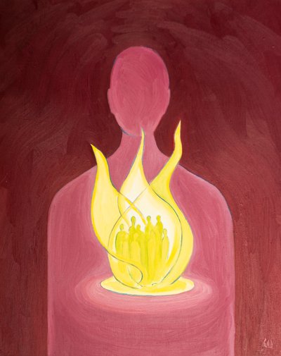 भगवान के प्यार के साथ हम उन लोगों के लिए मदद और प्रार्थना कर सकते हैं जिन्हें हम अपने दिलों में ले जाते हैं, 2000 (बोर्ड पर तेल) द्वारा एलिजाबेथ वांगो