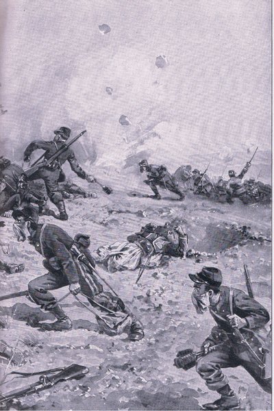 द इलस्ट्रेटेड हिस्ट्री ऑफ़ द वर्ल्ड वॉर 1914-1915 पब से लेस स्पैंजेस पर एक फ्रांसीसी हैंड ग्रेनेड हमला। यूनियन बर्लागसेफेलफ्चाफ्ट द्वारा द्वारा एमिल (बाद) लिमर