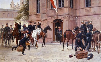 1870 में सेडान की लड़ाई (कैनवास पर तेल) के लिए प्रस्थान करने से पहले, हेस्से-डार्मस्टाट के क्राउन प्रिंस लुडविग IV, श्लॉस्चेन, वर्म्स से पहले कॉर्नेलियस हेयल को विदाई देते हुए। द्वारा एमिल ह्यूएंटन