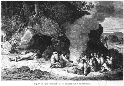 भालू और विशाल के समय पर एक अंतिम संस्कार का भोजन, लुई फिगियर द्वारा 1827 में प्रकाशित H लाहोमे प्रिमिटिफ ’से चित्रण, हैचेट, 1870 में प्रकाशित द्वारा एमिल एंटोनी बेयर्ड