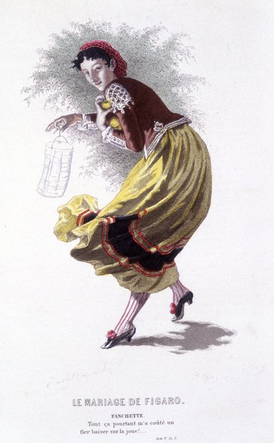 एडौर्ड फोरनियर द्वारा ब्यूमर्चैस (1732-1799) द्वारा पूर्ण कार्य। एमिल बायर्ड द्वारा ड्राइंग। ईडी। लाप्लास, सांचेज़ एट सी, पेरिस 1876। यह "द वेडिंग ऑफ फिगारो" में फैंचेट है द्वारा एमिल एंटोनी बेयर्ड