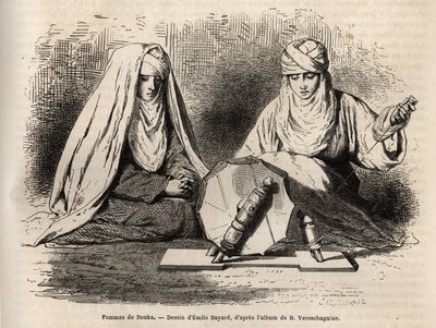 1867-1868 में मध्य एशिया में बेसिल वेरेशैगुइन की यात्रा को चित्रित करने के लिए फेम्स डी बौखरा (उजबेकिस्तान), एमिल बायर्ड द्वारा एक चित्र के बाद उत्कीर्णन, काता करने के लिए अपने काम पर काम करते हुए, "ले टूर डू मोंडे" 1873 में प्रकाशित, एडौर्ड द्वा द्वारा एमिल एंटोनी बेयर्ड