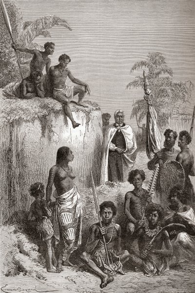 हवाई राजा कामेहा प्रथम और उनके योद्धा, &39;द वर्ल्ड इन द हैंड्स&39; का चित्रण, 1878 में प्रकाशित द्वारा एमिल एंटोनी बेयर्ड
